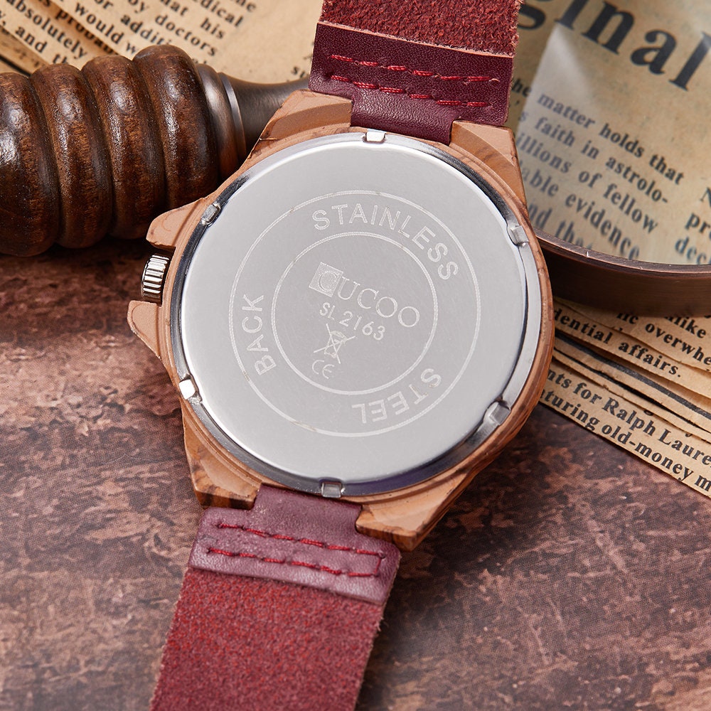 Wood Tree Watch - Faux Wood - Burgandy Leather Band - Bonsai