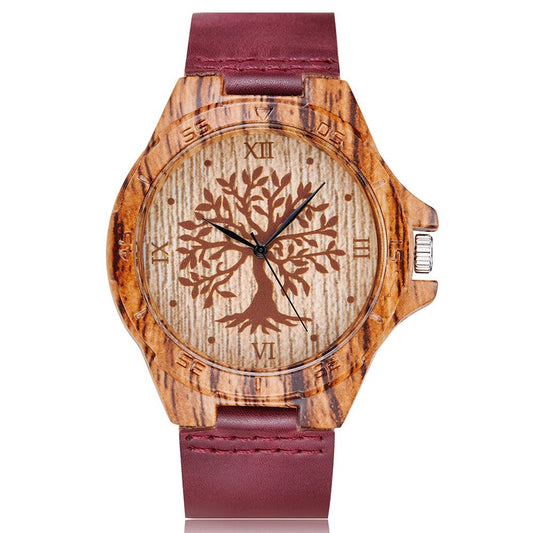 Wood Tree Watch - Faux Wood - Burgandy Leather Band - Bonsai