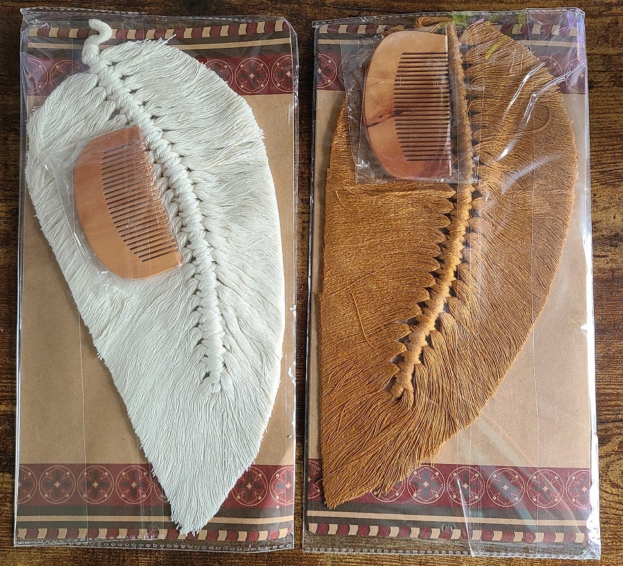 2 Macramé Feather Wall Hangings - Boho Style - Feather Wall Decor - One White, One Brown - Brush Included - 12 Inch