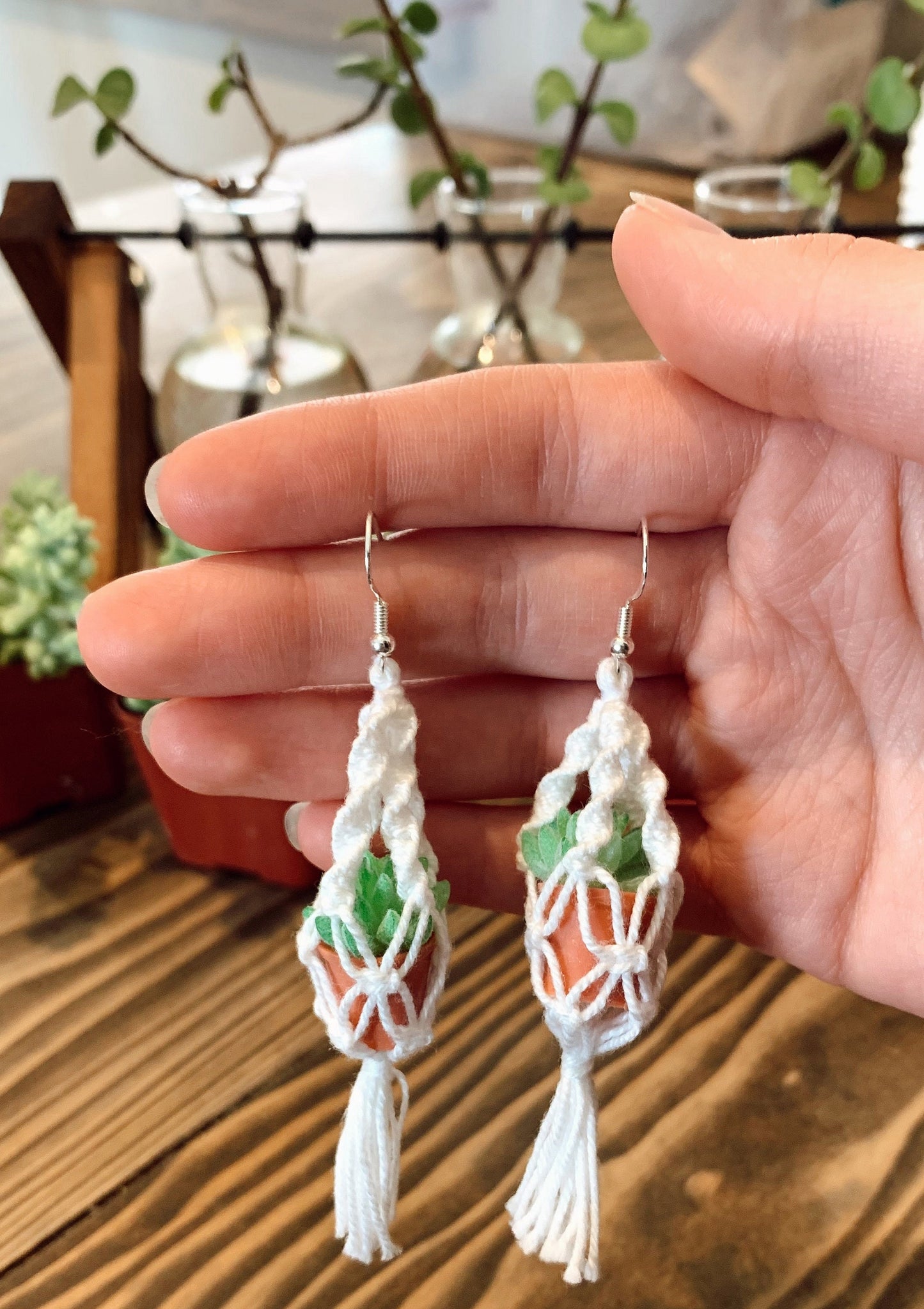 Succulent in a Pot Macrame Earrings -Bohemian Style - Lightweight Quality Earrings