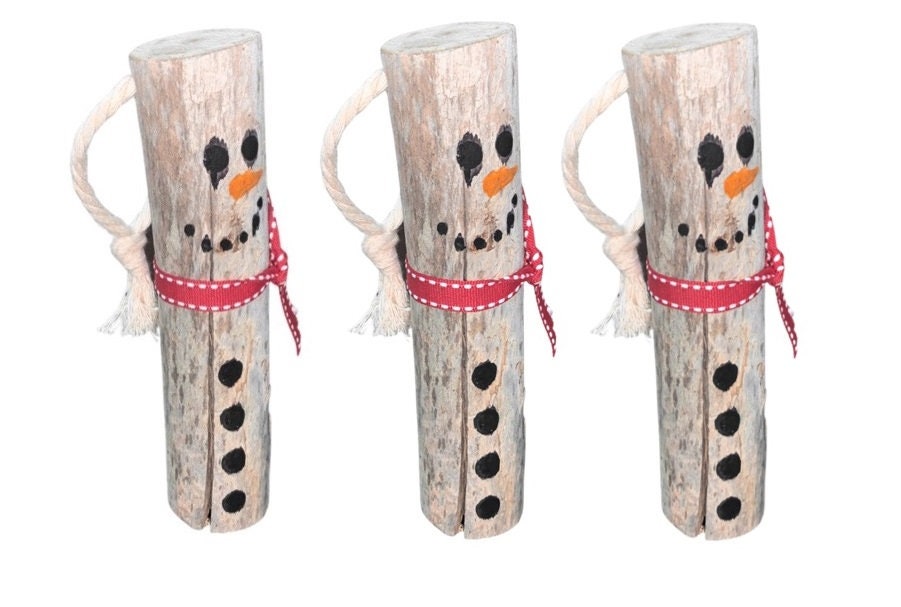 3 Driftwood Snowman Hanging Christmas Tree Decorations - Handmade in USA