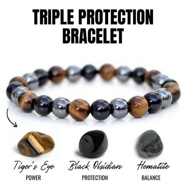 Triple Protection Bracelet - For Protection - Bring Luck And Prosperity - Hematite - Black Obsidian - Tiger Eye - Stone Bracelets