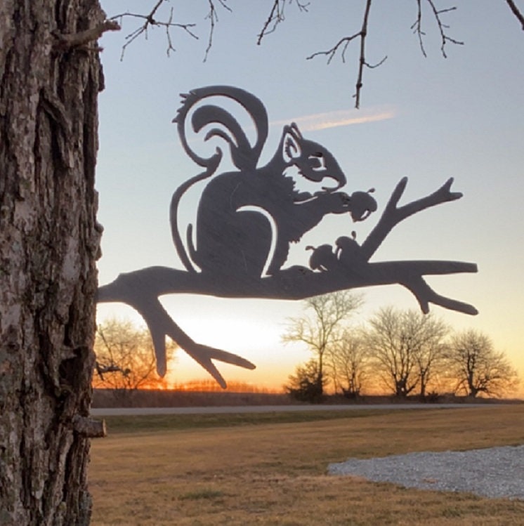 Squirrel on a Branch Metal Art - Made in USA - Yard or Garden Sculpture - Silhouette Art