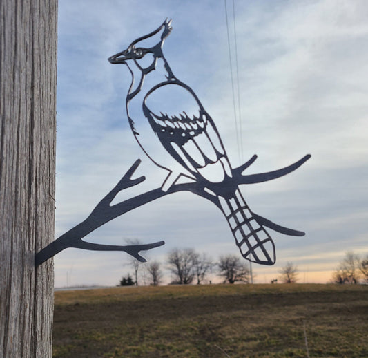 Blue Jay on a Branch Metal Art - Made in USA - Yard or Garden Sculpture - Silhouette Art