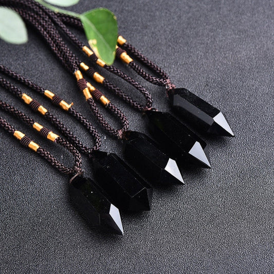 Black Obsidian Necklace-Natural Obsidian Crystal Hexagon Point Wrapped Pendant Necklace-Healing Meditation Protection Stress Relief Chakra