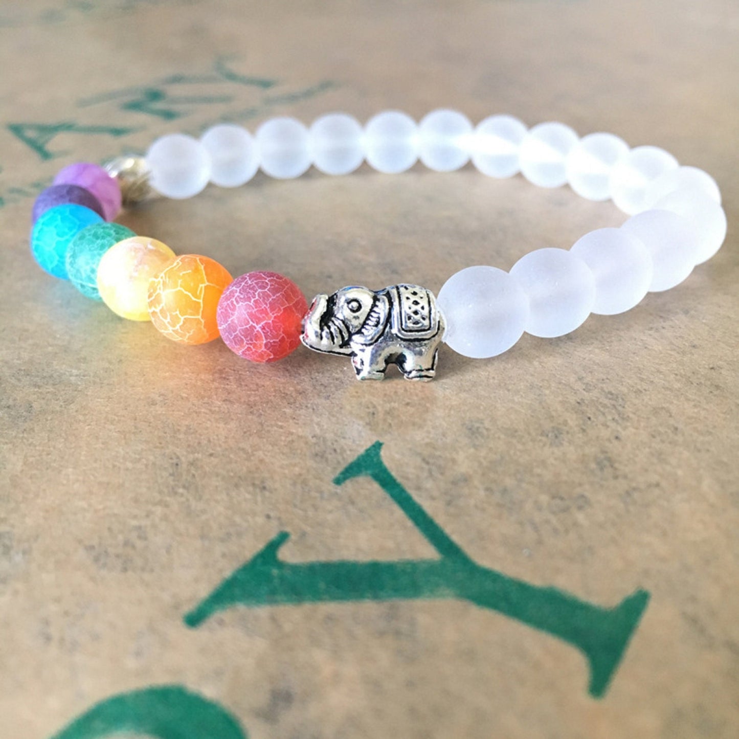 Colorful Oil Diffuser Valconic Rock Lava Stone- Clear Matte Beads- Elephant Charm - Chakra Stones