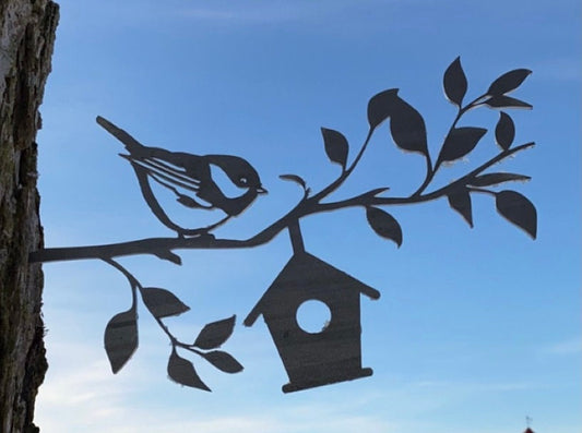 Sparrow and Birdhouse Metal Art - Made in USA - Garden Sculpture