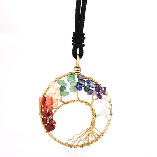 Multi Crystal Japanese Zen Circle Bonsai Tree Pendent Necklace