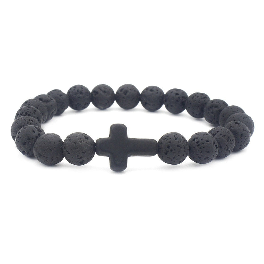 Black Cross Lava Rock Essential Oil Diffuser Bead Bracelet